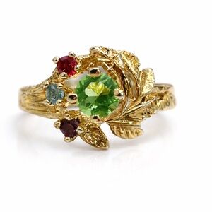 Vintage Brass Floral Ring Size 7 Green Peridot Multi Gem Statement Cocktail Ring